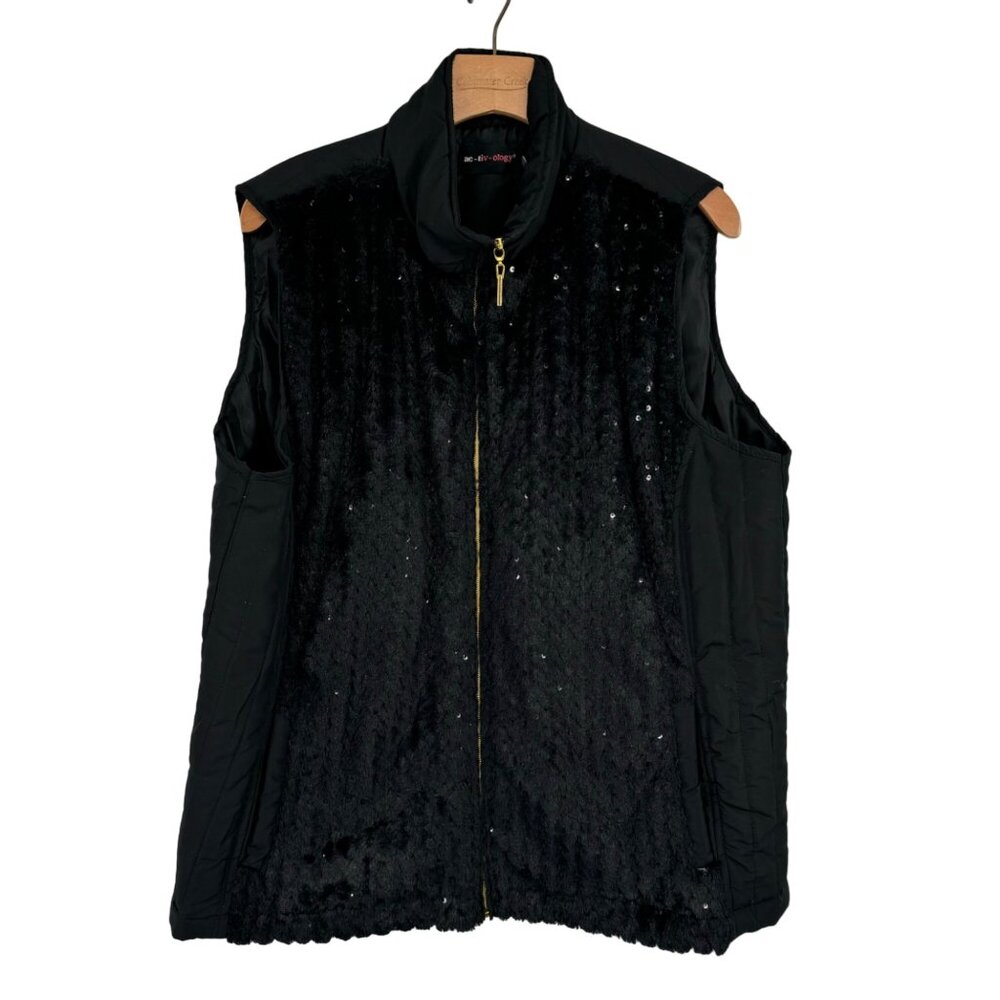 Activology Women's faux fur Sequin Puffer Vest Full Zip Black Size 1X plus